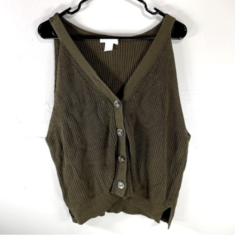 H&M Sweater vest olive sage green chunky knit sleeveless button up V-neck XL